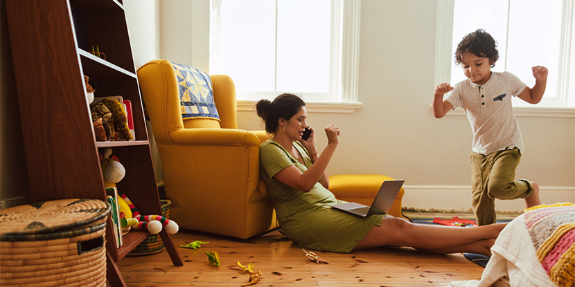 mom working at home with child