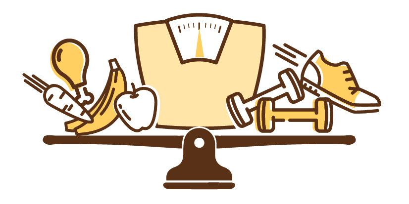 Balance scale level with nutritious food and weights and a sneaker